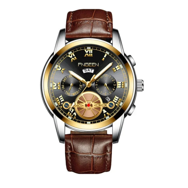 FNGEEN 4001 Herren-Quarzuhr, nicht-mechanisch, Multifunktionsuhr, schwarzer Stahl, weißes Zifferblatt, goldene Indizes, braunes Leder, schwarzgoldenes Zifferblatt