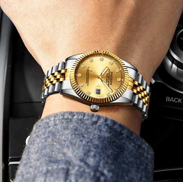 FNGEEN 7008 Men Fashion Diamond Dial Watch Couple Watch, Full Gold Gold Surface, Full Gold Black Surface, Full Gold White Surface, Golden Surface, Gold Black Sueface, Golden White Surface, Brown Leather Full Gold Surface                                ...