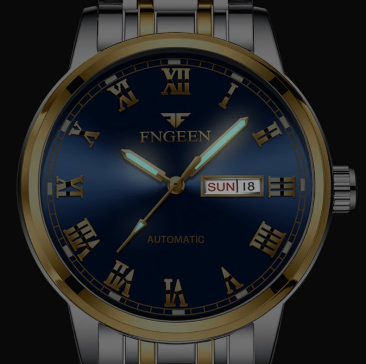 FNGEEN 4002 Herren Sportuhr mit römischem Zifferblatt, leuchtende Quarzuhr für Studenten, Gold-Blau, Gold-Schwarz, Gold-Weiß, Edelstahl-Blau, Edelstahl-Schwarz, Braunes Leder und Gold-Blau  ...