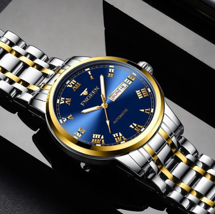 FNGEEN 4002 Herren Sportuhr mit römischem Zifferblatt, leuchtende Quarzuhr für Studenten, Gold-Blau, Gold-Schwarz, Gold-Weiß, Edelstahl-Blau, Edelstahl-Schwarz, Braunes Leder und Gold-Blau  ...