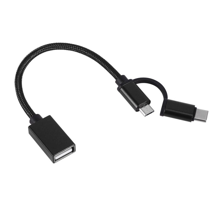 USB 3.0 Buchse auf Micro USB + USB-C / Typ-C Stecker Lade- + Übertragungs-OTG-Nylon-Geflechtkabel, Kabellänge: 19 cm, Gold, Silber, Schwarz, Pink, Blau, Rot