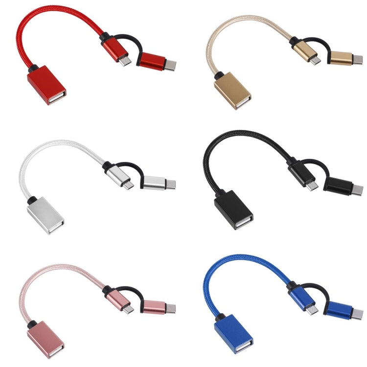 USB 3.0 Buchse auf Micro USB + USB-C / Typ-C Stecker Lade- + Übertragungs-OTG-Nylon-Geflechtkabel, Kabellänge: 19 cm, Gold, Silber, Schwarz, Pink, Blau, Rot