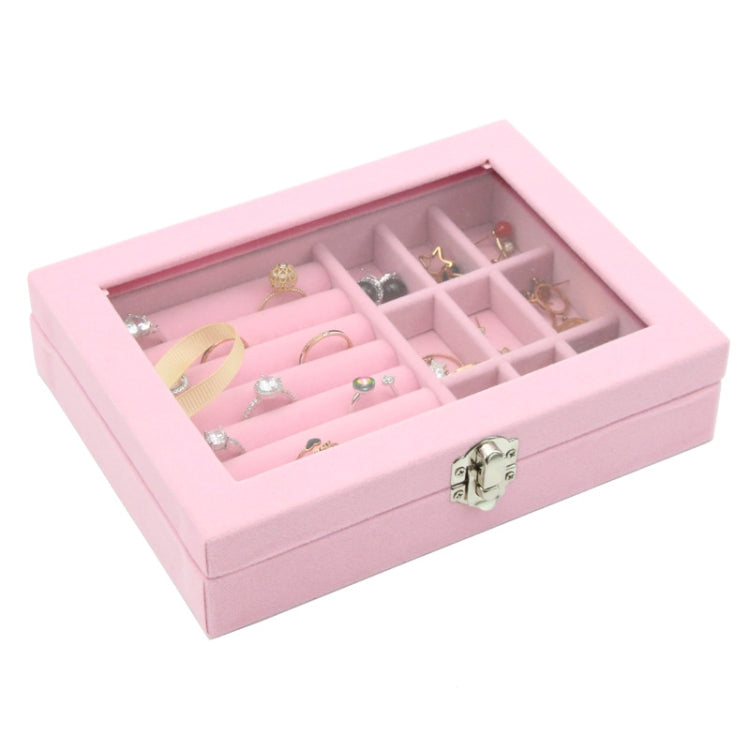 Aufbewahrungsbox aus Flanell für Schmuck, mit Glasdeckel, 9 Fächer Pink, 9 Fächer Eisgrau, 3 Fächer Eisgrau