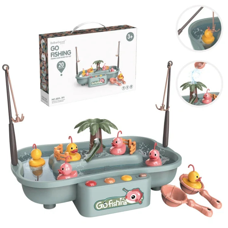 Play House Kinder-Lernspielzeugset mit elektrischem Fahrrad, drehbarer Angelstation und Wasserspielfunktion, 6 grüne Enten, 6 rosa Enten, 3 grüne Fische und 3 Enten, 3 rosa Fische und 3 Enten