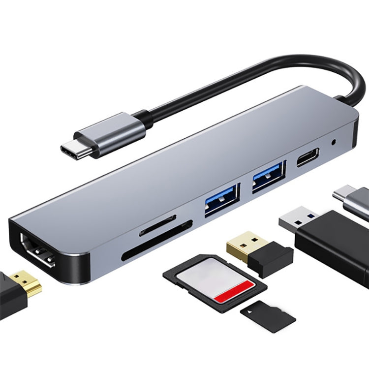 6 in 1 USB-C / Typ-C zu 4K HDMI + SD / TF Kartensteckplatz + PD USB-C / Typ-C Ladeanschluss + 2 USB 3.0 Anschlüsse Multifunktionale HUB Dockingstation, 6 in 1