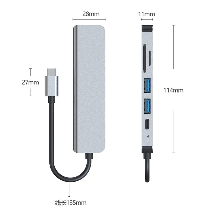 6 in 1 USB-C / Typ-C zu 4K HDMI + SD / TF Kartensteckplatz + PD USB-C / Typ-C Ladeanschluss + 2 USB 3.0 Anschlüsse Multifunktionale HUB Dockingstation, 6 in 1