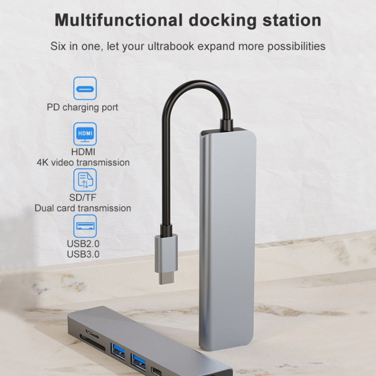 6 in 1 USB-C / Typ-C zu 4K HDMI + SD / TF Kartensteckplatz + PD USB-C / Typ-C Ladeanschluss + 2 USB 3.0 Anschlüsse Multifunktionale HUB Dockingstation, 6 in 1