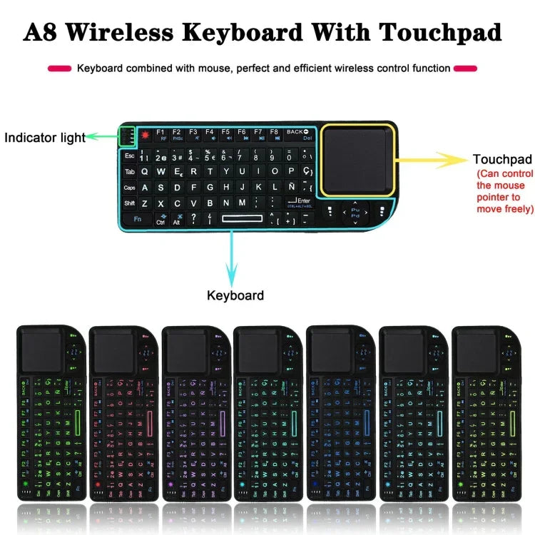 A8 Mini-Funkmaus und -Tastatur mit Laser-Touchpad, englischer weißer Hintergrundbeleuchtung, englischer farbiger Hintergrundbeleuchtung