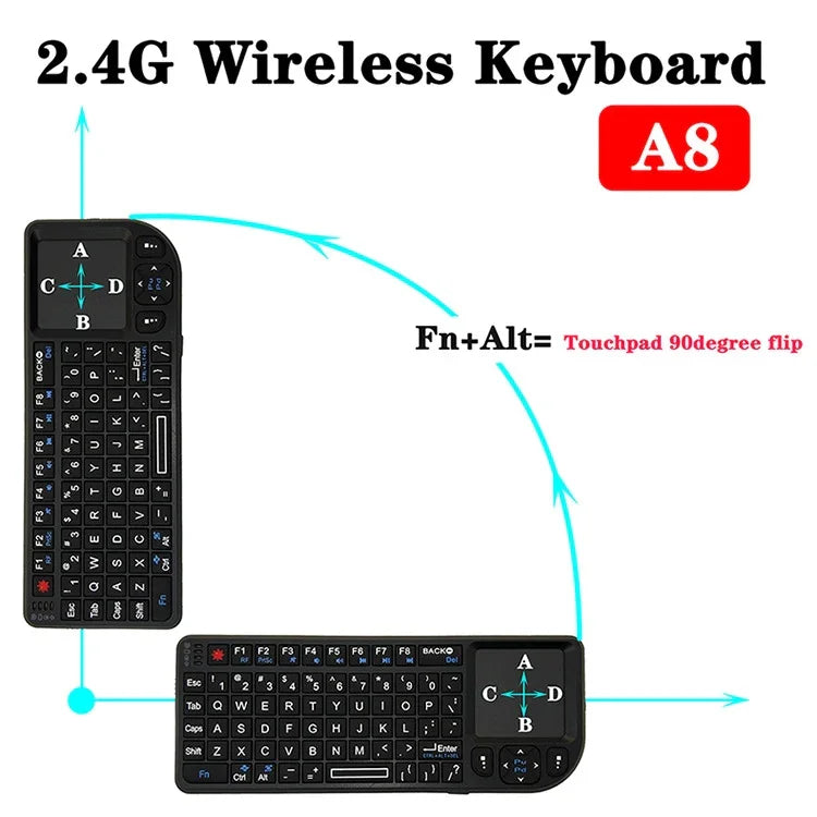 A8 Mini-Funkmaus und -Tastatur mit Laser-Touchpad, englischer weißer Hintergrundbeleuchtung, englischer farbiger Hintergrundbeleuchtung