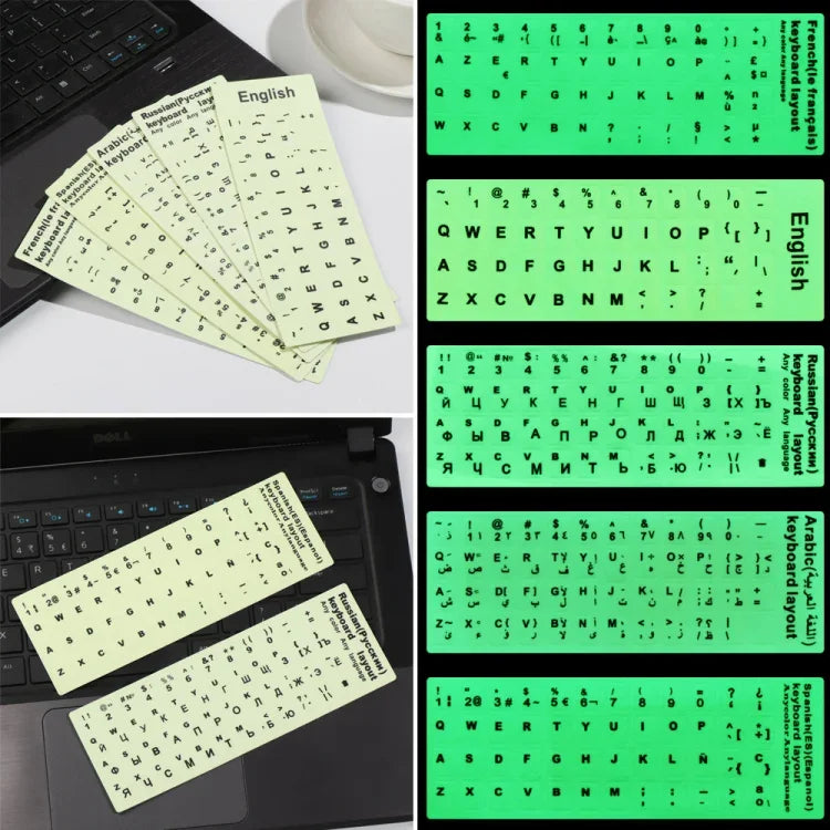 3 Stück leuchtende Tastaturaufkleber für Notebooks und Desktop-Computer, Englisch, Arabisch, Russisch, Italienisch, Deutsch, Spanisch, Japanisch, Französisch, Koreanisch, Hebräisch, Thailändisch