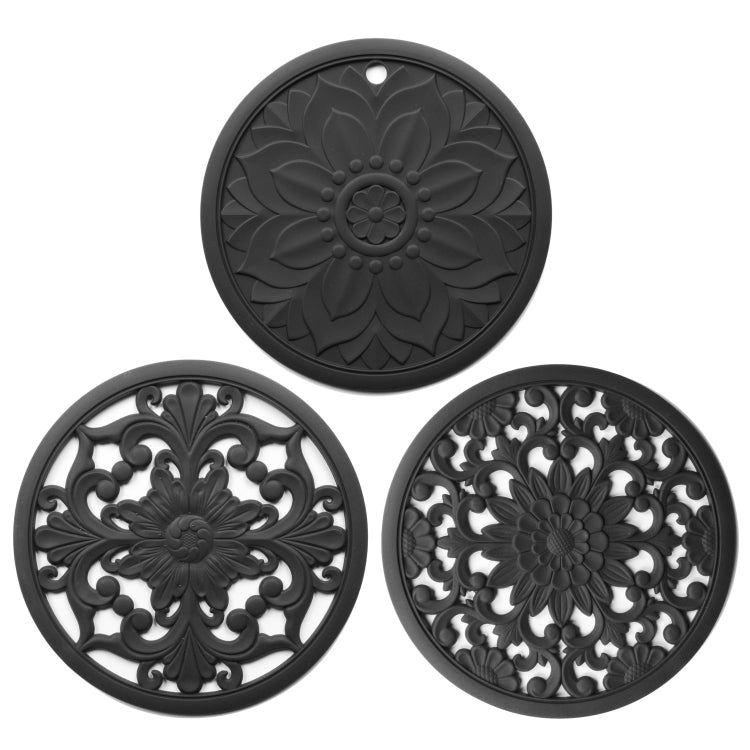 3-in-1 Hohlblumen-Silikon-Wärmeisolationsmatte Anti-Verbrühungs-Topf-Schalen-Set, Schwarz, Gelb, Blau, Grün, Violett, Grau