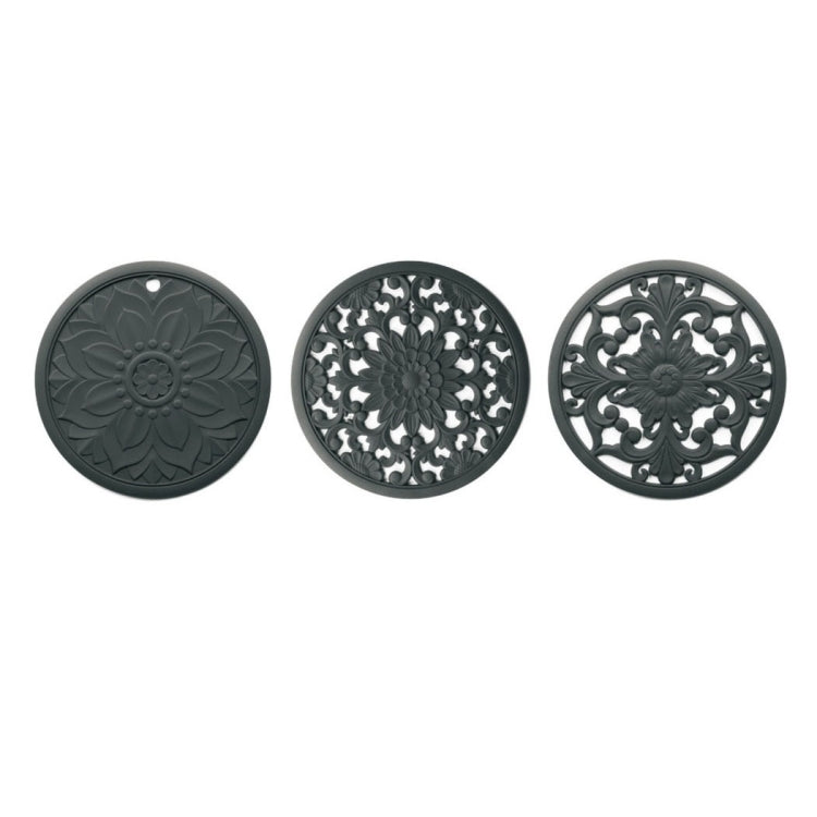 3-in-1 Hohlblumen-Silikon-Wärmeisolationsmatte Anti-Verbrühungs-Topf-Schalen-Set, Schwarz, Gelb, Blau, Grün, Violett, Grau
