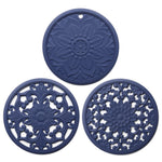 3-in-1 Hohlblumen-Silikon-Wärmeisolationsmatte Anti-Verbrühungs-Topf-Schalen-Set, Schwarz, Gelb, Blau, Grün, Violett, Grau