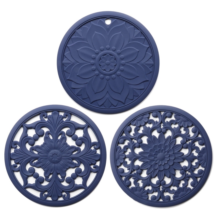 3-in-1 Hohlblumen-Silikon-Wärmeisolationsmatte Anti-Verbrühungs-Topf-Schalen-Set, Schwarz, Gelb, Blau, Grün, Violett, Grau