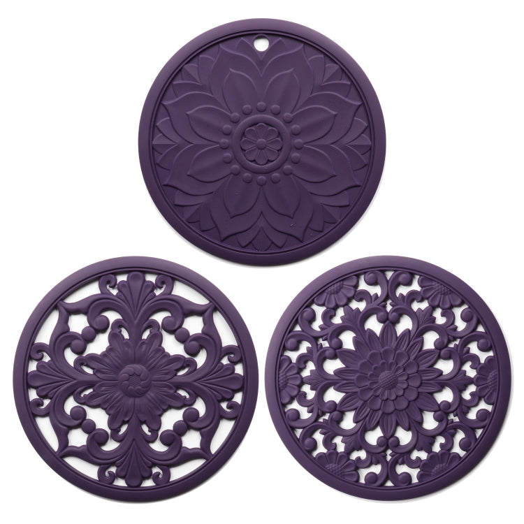 3-in-1 Hohlblumen-Silikon-Wärmeisolationsmatte Anti-Verbrühungs-Topf-Schalen-Set, Schwarz, Gelb, Blau, Grün, Violett, Grau