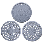 3-in-1 Hohlblumen-Silikon-Wärmeisolationsmatte Anti-Verbrühungs-Topf-Schalen-Set, Schwarz, Gelb, Blau, Grün, Violett, Grau
