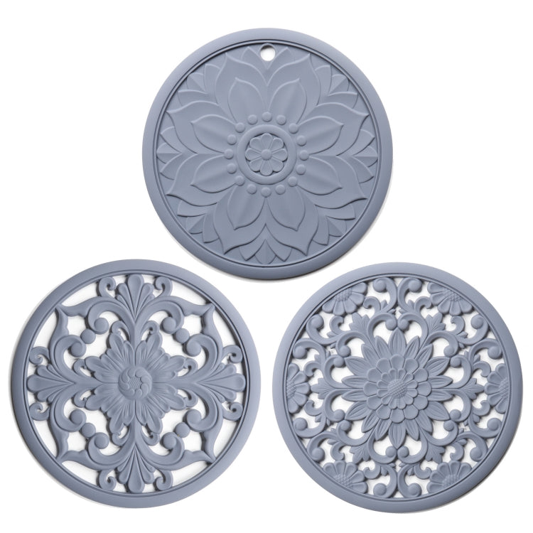 3-in-1 Hohlblumen-Silikon-Wärmeisolationsmatte Anti-Verbrühungs-Topf-Schalen-Set, Schwarz, Gelb, Blau, Grün, Violett, Grau