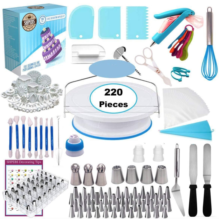 220 in 1 Tortendrehscheiben-Dekorationsdüsen-Set Backwerkzeug Fondantformen-Set, 220 Teile/Set