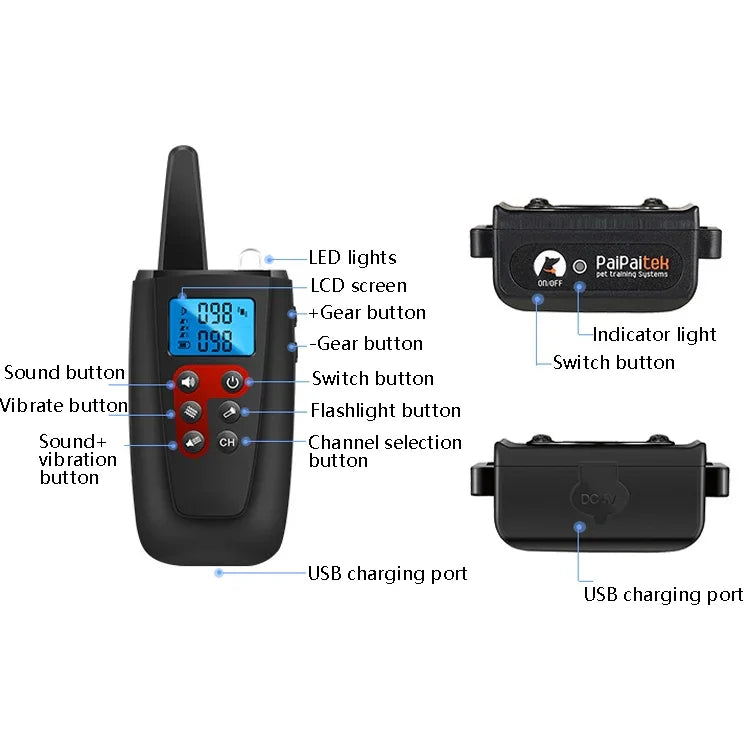 PaiPaitek PD526V-2 1-in-2 100-stufiges Hundetrainingsgerät mit Schall- und Vibrationsfunktion, elektronisches Fernbedienungshalsband, PD526V-2