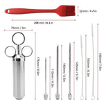 Edelstahl-Marinaden-Injektor-Set für Steak und Pute mit Reinigungsbürste aus Silikon, 11 in 1 (Rot), 11 in 1 (Schwarz), 11 in 1 (Blau), 11 in 1 (Grün), 11 in 1 (Orange), 11 in 1 (Gelb), 11 in 1 (Gelb Weiß)
