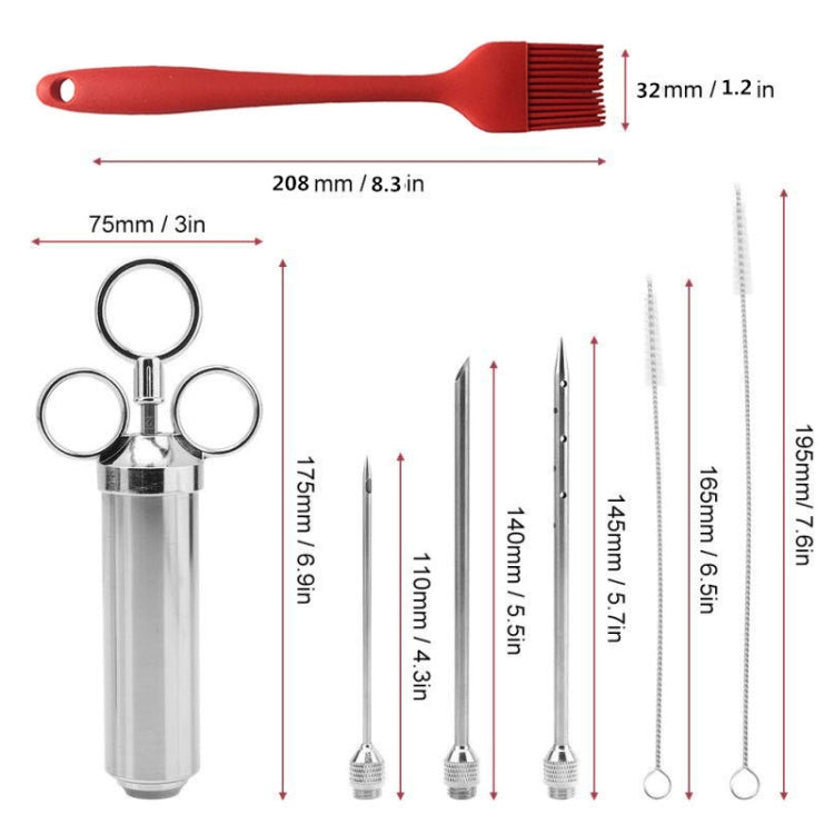 Edelstahl-Marinaden-Injektor-Set für Steak und Pute mit Reinigungsbürste aus Silikon, 11 in 1 (Rot), 11 in 1 (Schwarz), 11 in 1 (Blau), 11 in 1 (Grün), 11 in 1 (Orange), 11 in 1 (Gelb), 11 in 1 (Gelb Weiß)