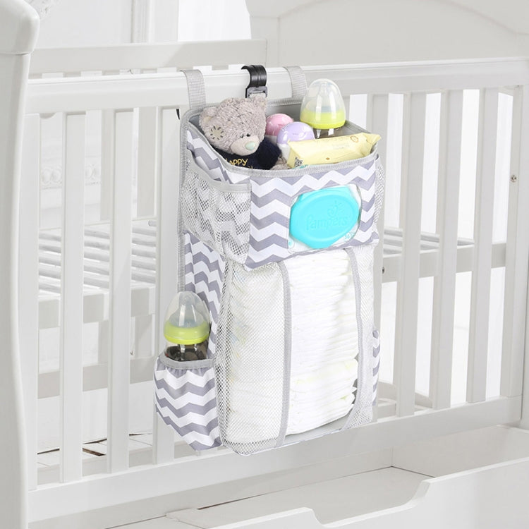 Babybett Hängeorganizer, Multifunktional Abnehmbare Bettwickeltasche Spielzeug-Aufbewahrungstasche, Grau Schnee, Grau Streifen