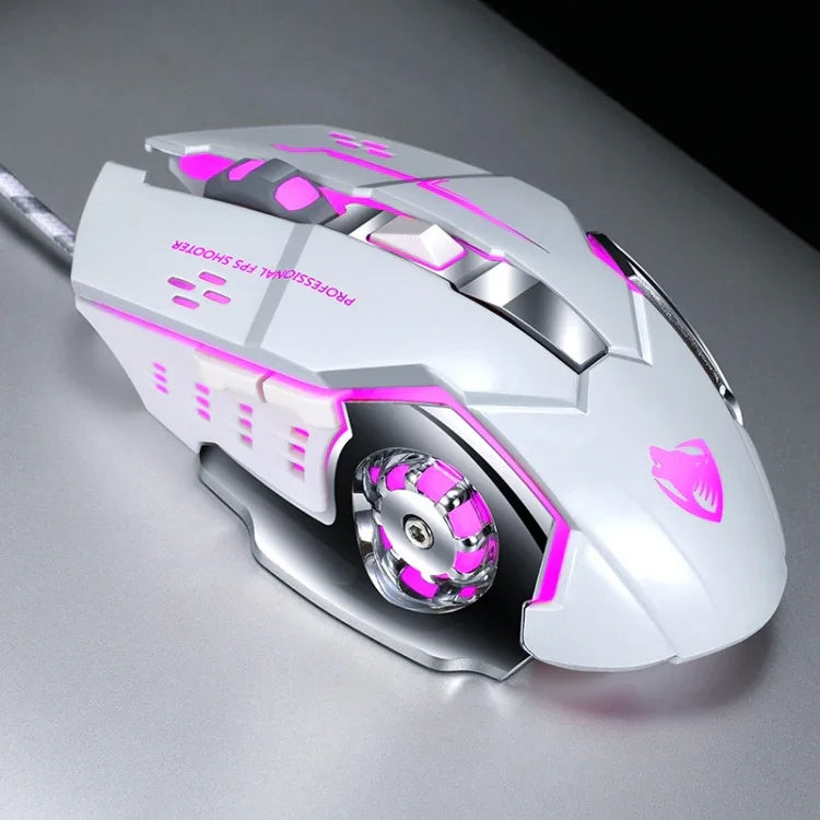 T-WOLF V6 USB-Schnittstelle, 6 Tasten, 3200 DPI, kabelgebundene Gaming-Maus mit mechanischer Makroprogrammierung, 7-farbiger Beleuchtung, Kabellänge: 1,5 m, Makro-Audio-Version in Schwarz-Silber und Eisengrau erhältlich.