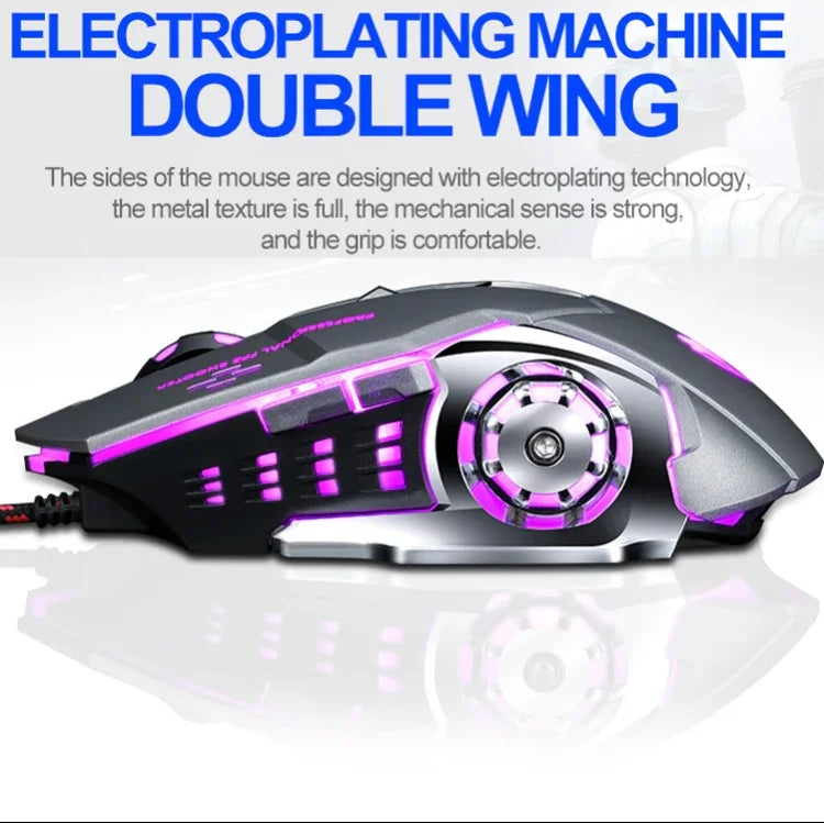 T-WOLF V6 USB-Schnittstelle, 6 Tasten, 3200 DPI, kabelgebundene Gaming-Maus mit mechanischer Makroprogrammierung, 7-farbiger Beleuchtung, Kabellänge: 1,5 m, Makro-Audio-Version in Schwarz-Silber und Eisengrau erhältlich.