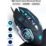 T-WOLF V6 USB-Schnittstelle, 6 Tasten, 3200 DPI, kabelgebundene Gaming-Maus mit mechanischer Makroprogrammierung, 7-farbiger Beleuchtung, Kabellänge: 1,5 m, Makro-Audio-Version in Schwarz-Silber und Eisengrau erhältlich.