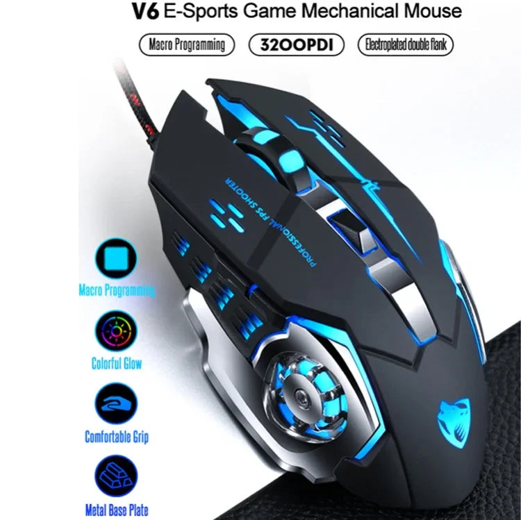 T-WOLF V6 USB-Schnittstelle, 6 Tasten, 3200 DPI, kabelgebundene Gaming-Maus mit mechanischer Makroprogrammierung, 7-farbiger Beleuchtung, Kabellänge: 1,5 m, Makro-Audio-Version in Schwarz-Silber und Eisengrau erhältlich.