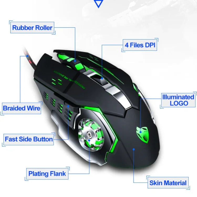 T-WOLF V6 USB-Schnittstelle, 6 Tasten, 3200 DPI, kabelgebundene Gaming-Maus mit mechanischer Makroprogrammierung, 7-farbiger Beleuchtung, Kabellänge: 1,5 m, Makro-Audio-Version in Schwarz-Silber und Eisengrau erhältlich.