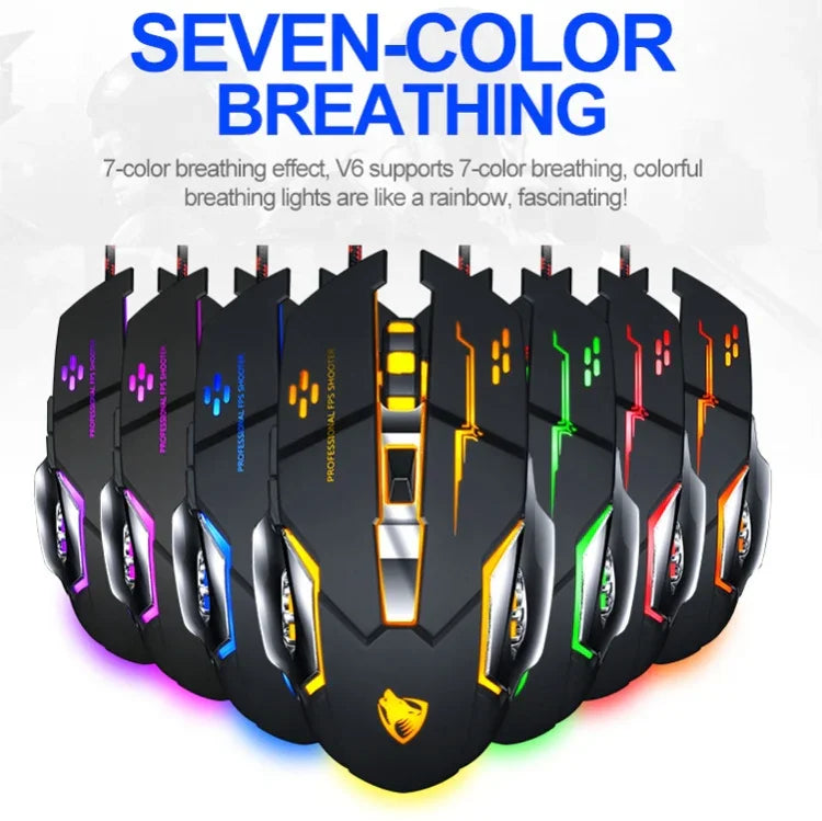 T-WOLF V6 USB-Schnittstelle, 6 Tasten, 3200 DPI, kabelgebundene Gaming-Maus mit mechanischer Makroprogrammierung, 7-farbiger Beleuchtung, Kabellänge: 1,5 m, Makro-Audio-Version in Schwarz-Silber und Eisengrau erhältlich.