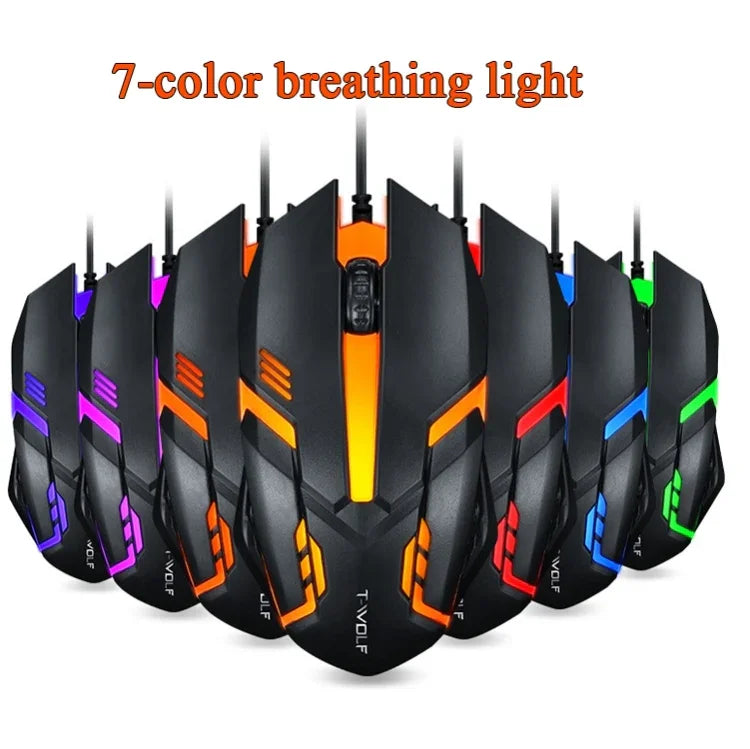 2 Stück T-WOLF V1 USB-Maus mit 3 Tasten, 1200 DPI, kabelgebunden, 7-farbiger Hintergrundbeleuchtung, Kabellänge: 1,35 m