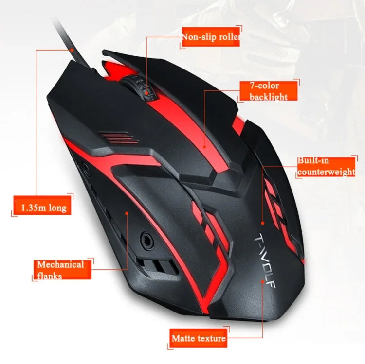 2 Stück T-WOLF V1 USB-Maus mit 3 Tasten, 1200 DPI, kabelgebunden, 7-farbiger Hintergrundbeleuchtung, Kabellänge: 1,35 m