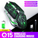 T-WOLF Q15 Kabellose, wiederaufladbare und geräuscharme Gaming-Maus mit 6 Tasten, 1600 DPI, 7-farbiger Atembeleuchtung, Technologie-Schwarz, Sterne-Schwarz, Perlweiß