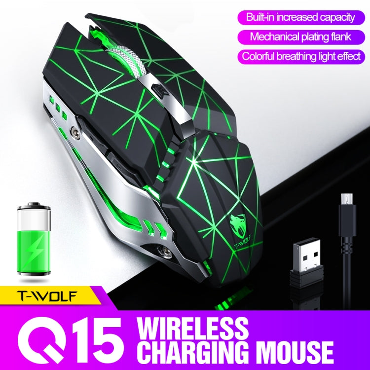 T-WOLF Q15 Kabellose, wiederaufladbare und geräuscharme Gaming-Maus mit 6 Tasten, 1600 DPI, 7-farbiger Atembeleuchtung, Technologie-Schwarz, Sterne-Schwarz, Perlweiß