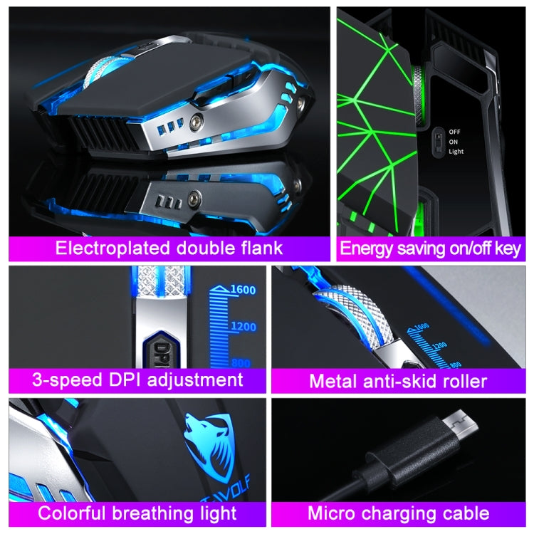 T-WOLF Q15 Kabellose, wiederaufladbare und geräuscharme Gaming-Maus mit 6 Tasten, 1600 DPI, 7-farbiger Atembeleuchtung, Technologie-Schwarz, Sterne-Schwarz, Perlweiß