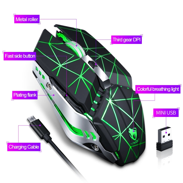 T-WOLF Q15 Kabellose, wiederaufladbare und geräuscharme Gaming-Maus mit 6 Tasten, 1600 DPI, 7-farbiger Atembeleuchtung, Technologie-Schwarz, Sterne-Schwarz, Perlweiß