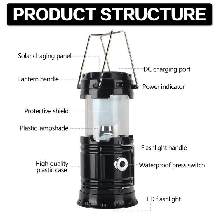 LED Zeltleuchte Solar Wiederaufladbare Campinglampe Dehnbare Multifunktionslaterne, unterstützt USB-Ausgang, Solar + EU-Stecker
