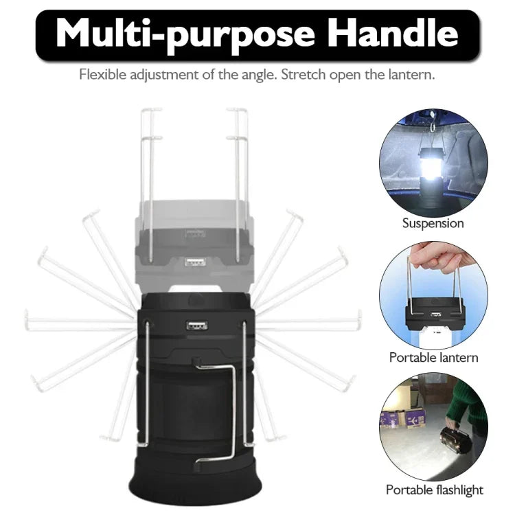 LED Zeltleuchte Solar Wiederaufladbare Campinglampe Dehnbare Multifunktionslaterne, unterstützt USB-Ausgang, Solar + EU-Stecker