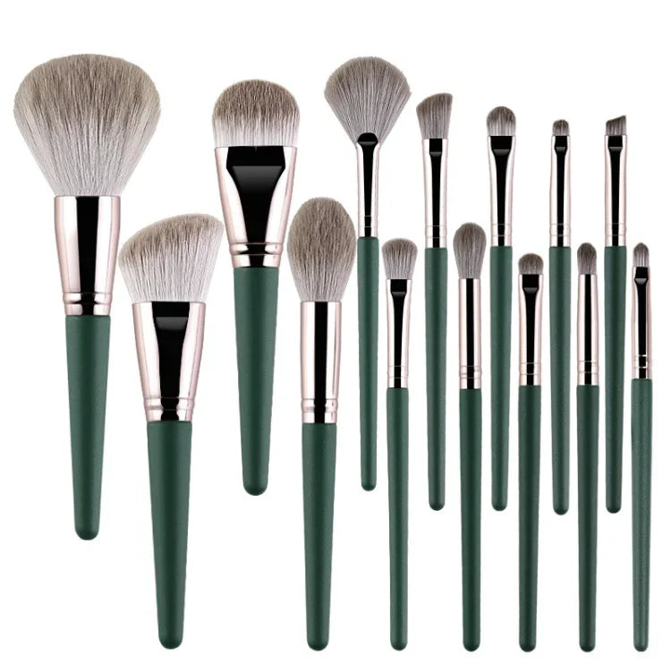 Make-up-Pinselset mit weichen Holzgriffen, 14-teilig, inklusive Tragetasche und Pinselbehälter