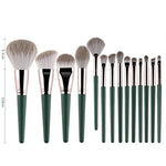 Make-up-Pinselset mit weichen Holzgriffen, 14-teilig, inklusive Tragetasche und Pinselbehälter