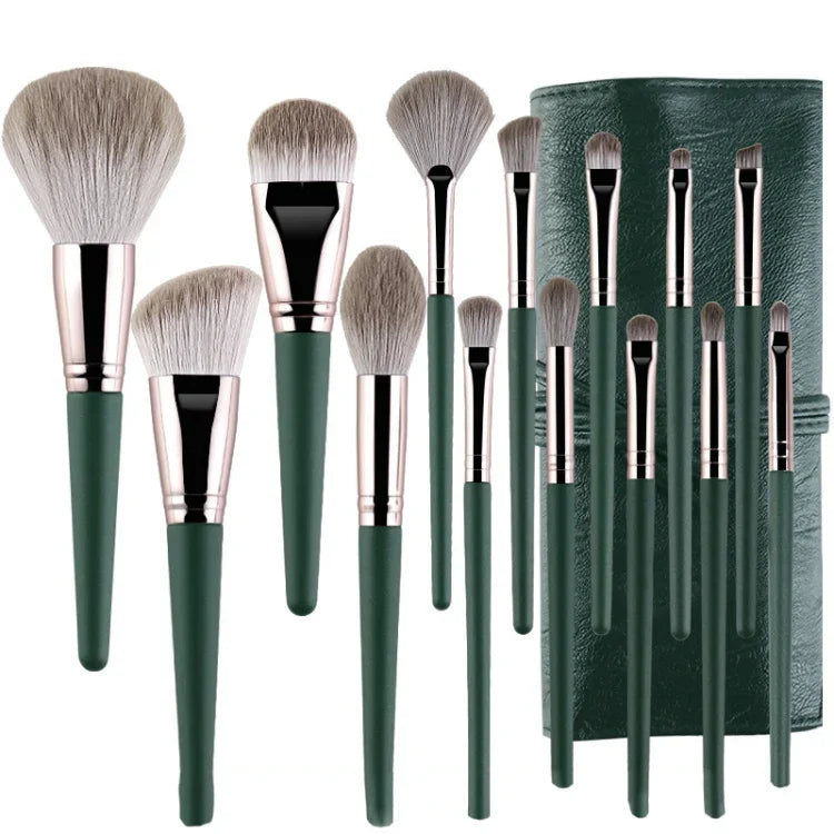 Make-up-Pinselset mit weichen Holzgriffen, 14-teilig, inklusive Tragetasche und Pinselbehälter