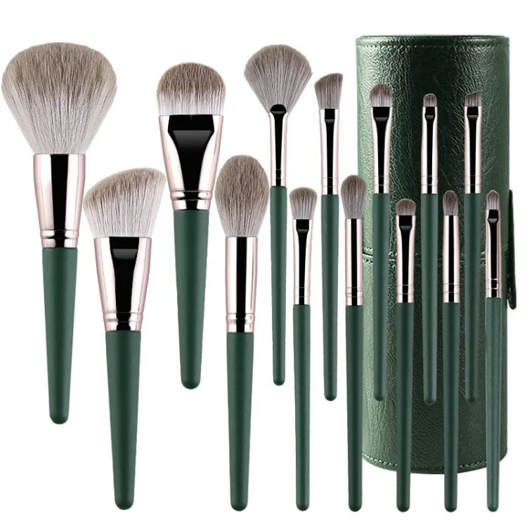 Make-up-Pinselset mit weichen Holzgriffen, 14-teilig, inklusive Tragetasche und Pinselbehälter