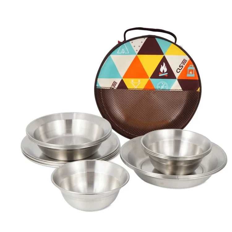 CLS Outdoor Edelstahl Geschirr Tragbares Camping-Essschalen-Set, 16-teilig