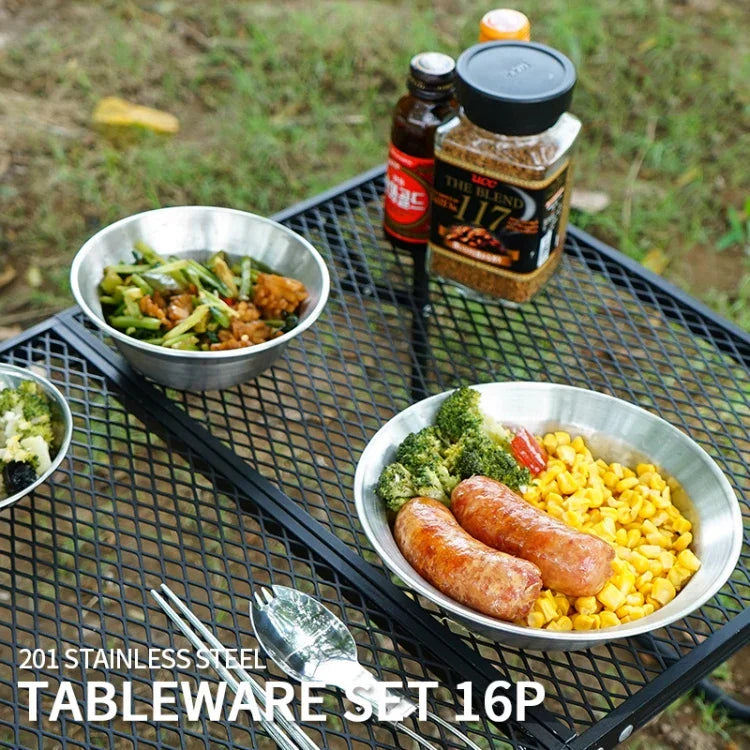 CLS Outdoor Edelstahl Geschirr Tragbares Camping-Essschalen-Set, 16-teilig
