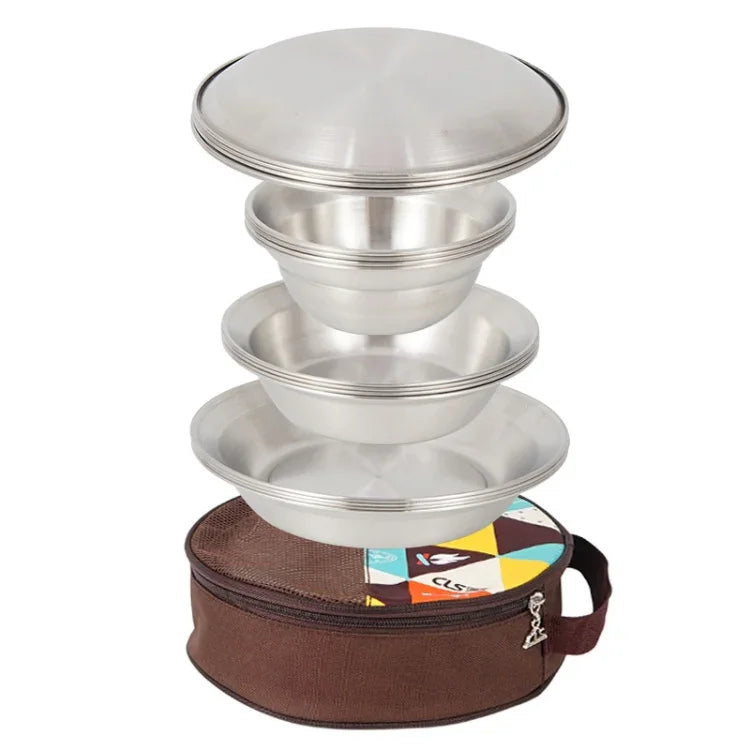 CLS Outdoor Edelstahl Geschirr Tragbares Camping-Essschalen-Set, 16-teilig