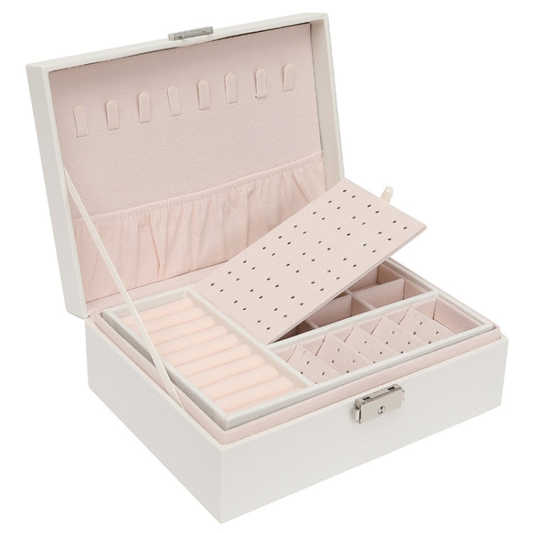 Einfache zweistöckige Schmuckschatulle aus Holz und Leder mit Schloss für Ohrringe und Schmuck, Weiß, Grau, Grün, Schwarz, Rosa