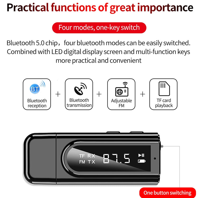 USB Auto Bluetooth 5.0 Adapter Empfänger FM + AUX Audio Doppel-Ausgang Stereo Sender, K9 Schwarz