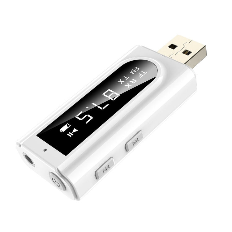 USB Auto Bluetooth 5.0 Adapter Empfänger FM + AUX Audio Doppel-Ausgang Stereo Sender, K9 Weiß